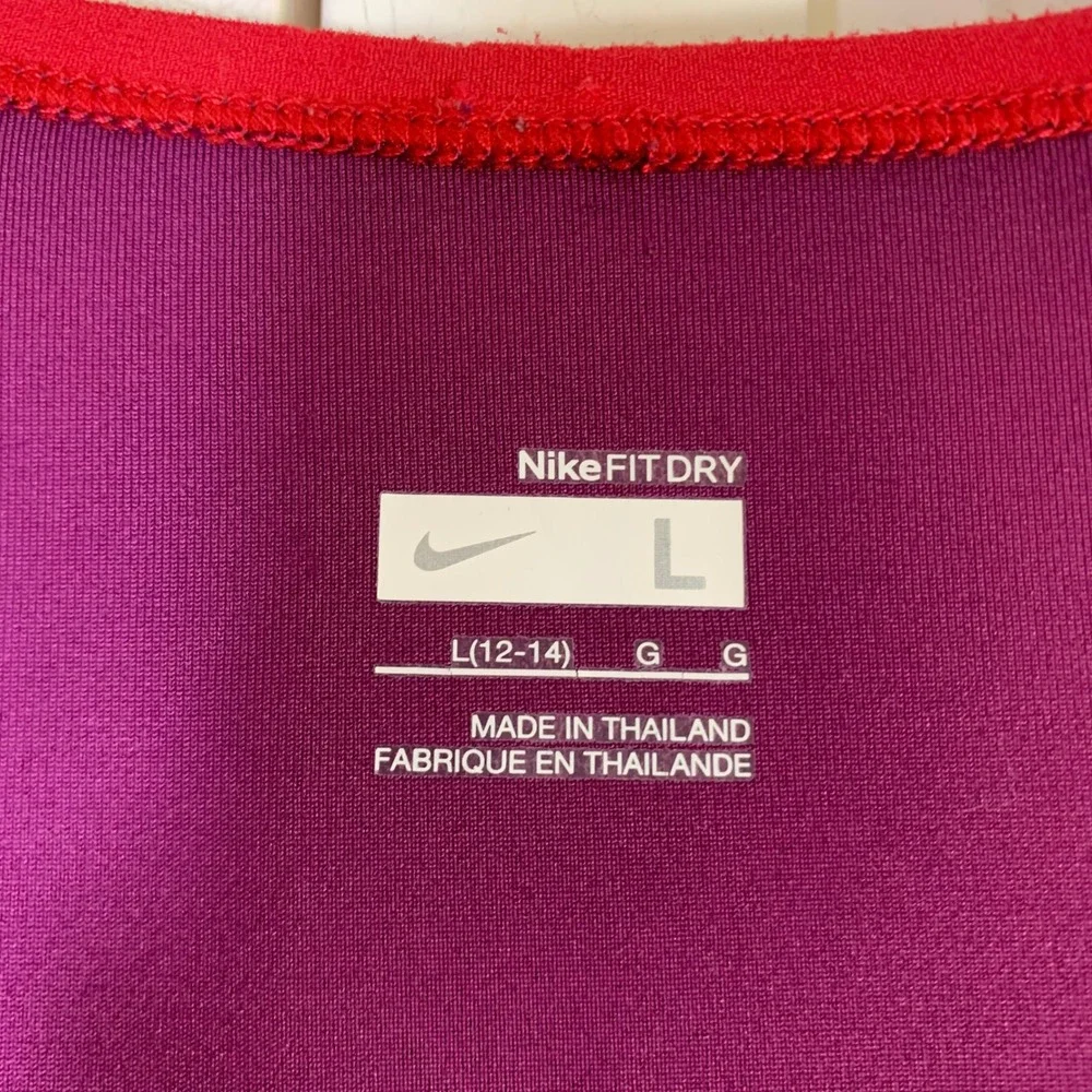 Nike Fit Dry Womens Large Purple Red Mesh Trim Athletic Training T-Shirt Gym Run
